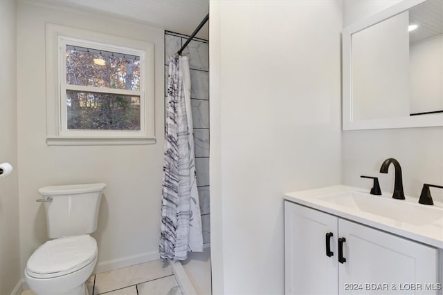 bathroom featuring vanity, a shower with curtain, toilet, and tile patterned flooring