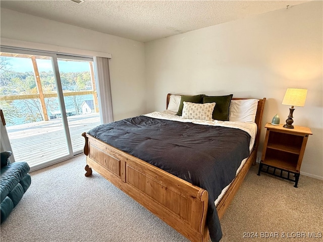 bedroom with light colored carpet, a textured ceiling, and access to outside