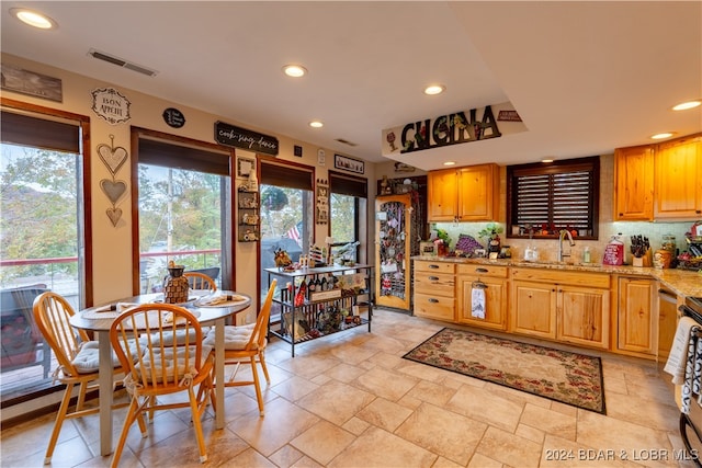 kitchen featuring decorative backsplash, light stone countertops, and sink