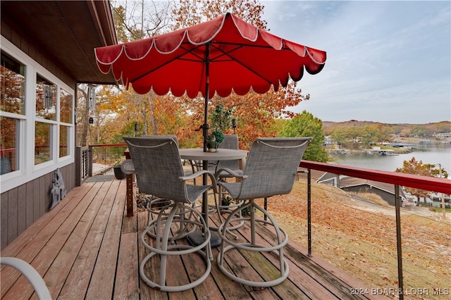 wooden deck featuring a water view