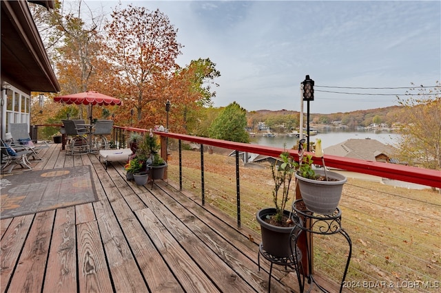 deck featuring a water view