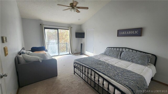 carpeted bedroom with a textured ceiling, access to outside, high vaulted ceiling, and ceiling fan