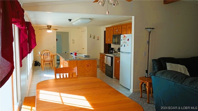 interior space with ceiling fan and vaulted ceiling