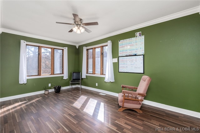 unfurnished room with dark wood-type flooring, crown molding, and ceiling fan