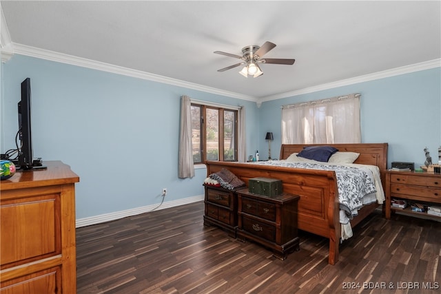 bedroom with crown molding, ceiling fan, and dark hardwood / wood-style flooring