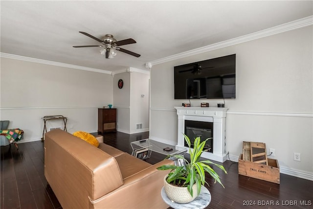24950 State Rd A Rd, Richland, MO 65556 - living room featuring ceiling fan, ornamental molding, wood finished floors, and a glass covered fireplace