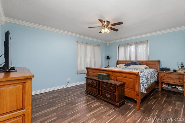 24950 State Rd A Rd, Richland, MO 65556 - bedroom featuring ornamental molding, dark wood finished floors, multiple windows, and ceiling fan