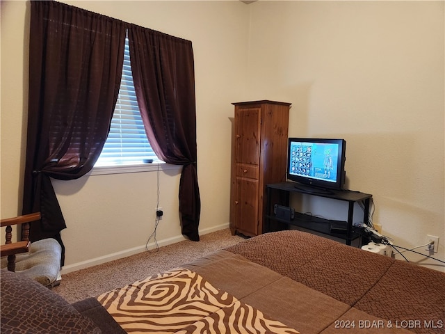 bedroom with light colored carpet