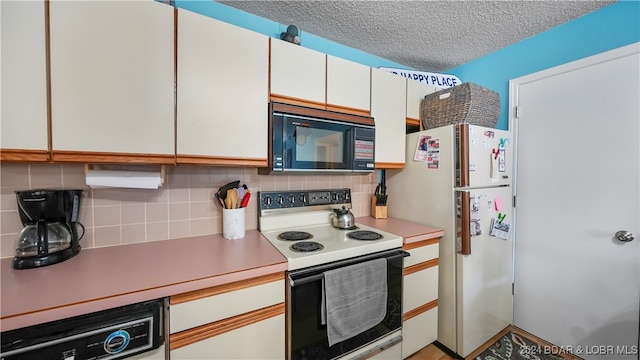 kitchen featuring white cabinetry, tasteful backsplash, a textured ceiling, and white appliances