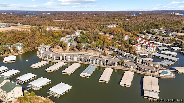 drone / aerial view with a water view