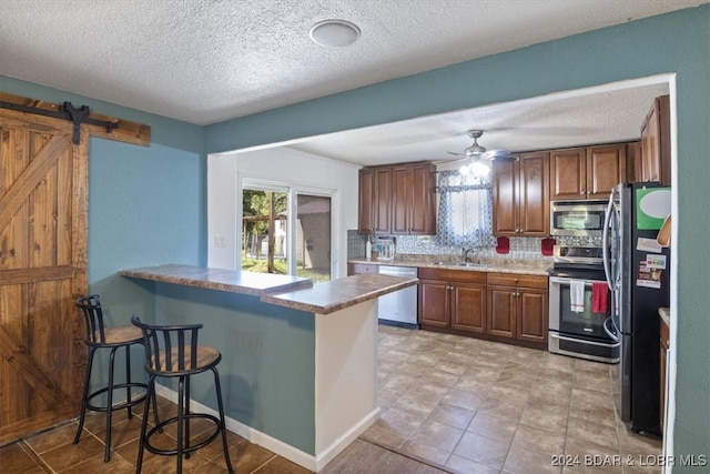 kitchen with sink, kitchen peninsula, appliances with stainless steel finishes, ceiling fan, and a barn door