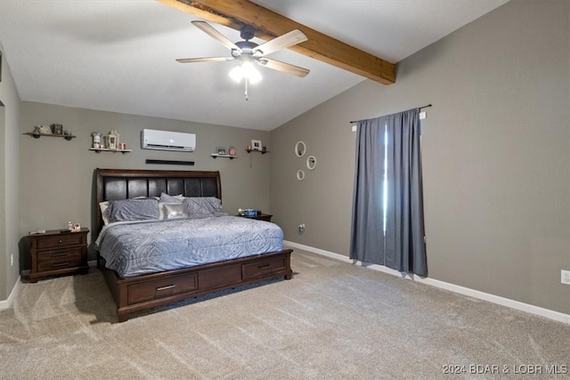 bedroom featuring a wall unit AC, ceiling fan, light carpet, and lofted ceiling with beams