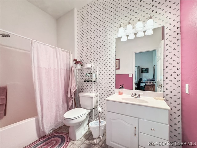 full bathroom with toilet, shower / tub combo, vanity, and tile patterned flooring