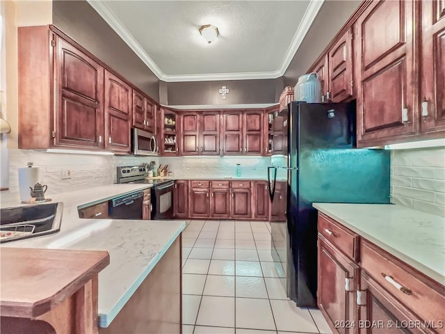 293 Windsong, Camdenton, MO 65020 - kitchen featuring black appliances, decorative backsplash, crown molding, a peninsula, and glass insert cabinets