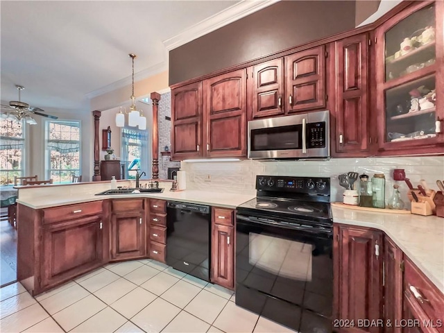 293 Windsong, Camdenton, MO 65020 - kitchen with black appliances, crown molding, light countertops, a peninsula, and tasteful backsplash