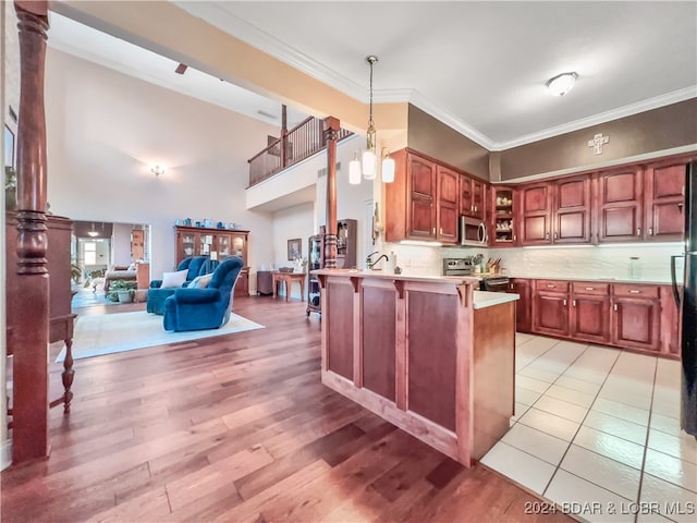 kitchen featuring ornamental molding, stainless steel appliances, pendant lighting, kitchen peninsula, and light hardwood / wood-style flooring