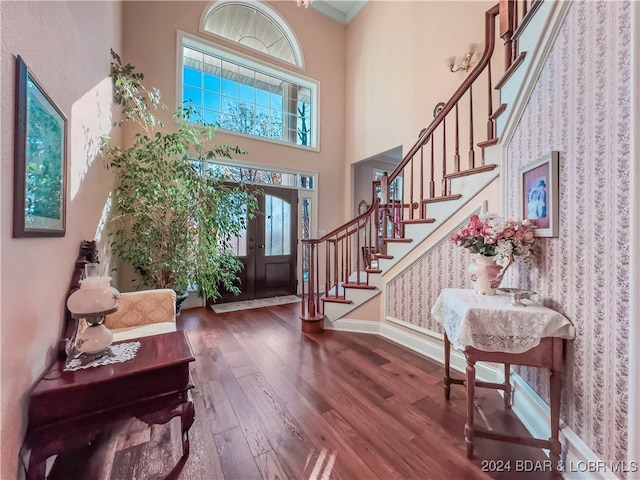 foyer with dark wood-type flooring and a high ceiling