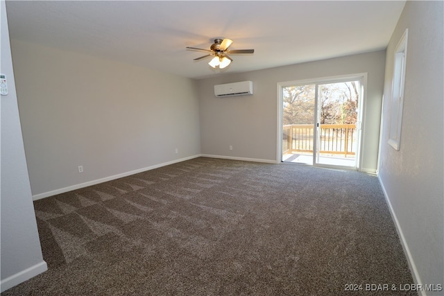 carpeted empty room featuring ceiling fan and a wall mounted AC