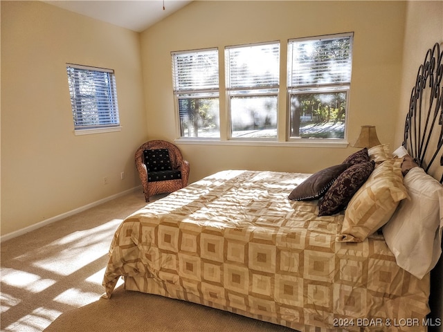 bedroom with vaulted ceiling, carpet floors, and multiple windows