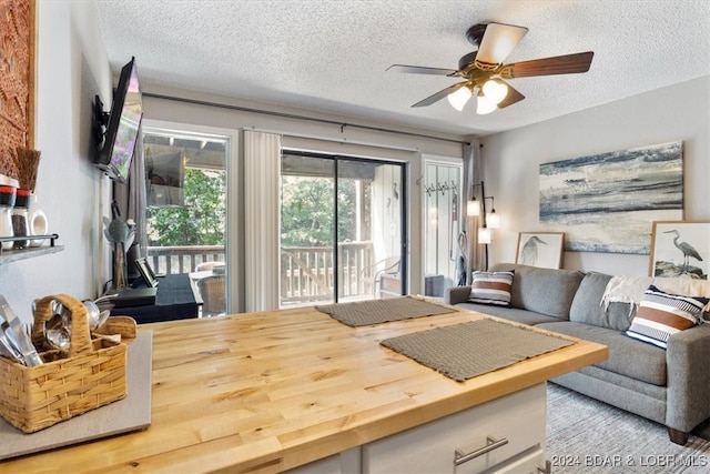 bedroom with access to exterior, a textured ceiling, and ceiling fan