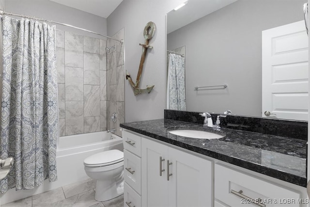 full bathroom with toilet, vanity, and shower / bathtub combination with curtain