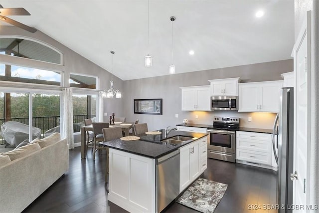 kitchen featuring stainless steel appliances, dark wood-style floors, a sink, open floor plan, and high vaulted ceiling