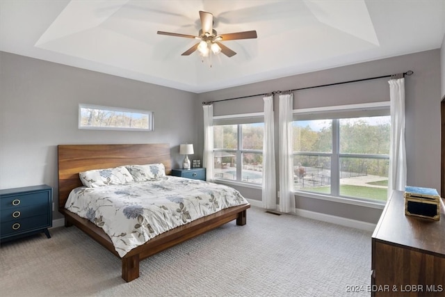 bedroom with multiple windows and a tray ceiling