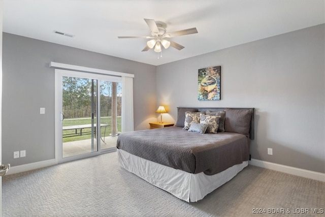 carpeted bedroom with access to outside and ceiling fan