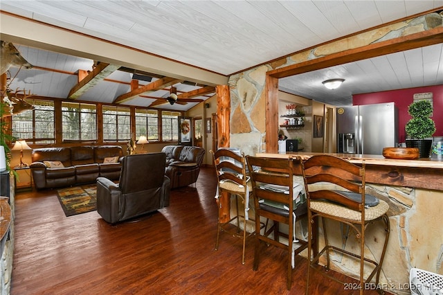 kitchen featuring wooden ceiling, stainless steel fridge with ice dispenser, vaulted ceiling with beams, and wood-type flooring