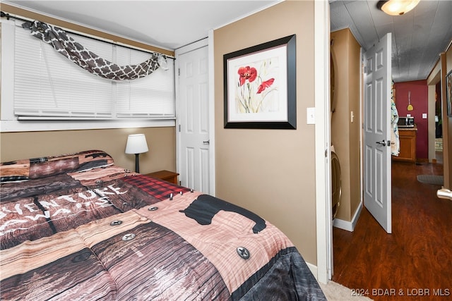 bedroom featuring dark wood-type flooring and a closet