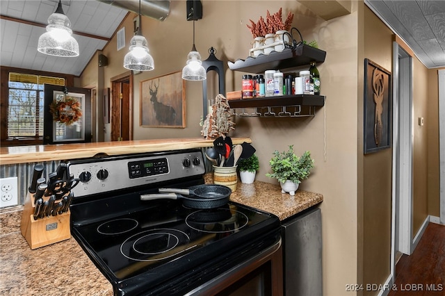 kitchen with black range with electric cooktop, decorative light fixtures, wood ceiling, vaulted ceiling, and dark wood-type flooring