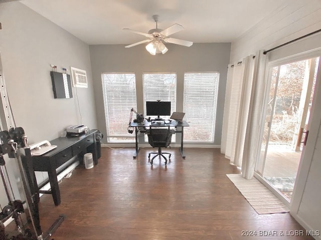 office space featuring ceiling fan and dark hardwood / wood-style floors