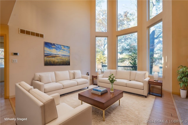 living room featuring light hardwood / wood-style floors and a towering ceiling