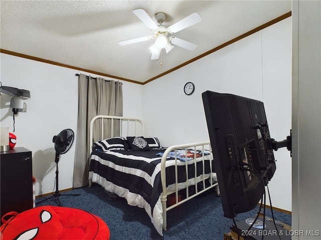 bedroom featuring dark colored carpet, lofted ceiling, ornamental molding, ceiling fan, and a textured ceiling