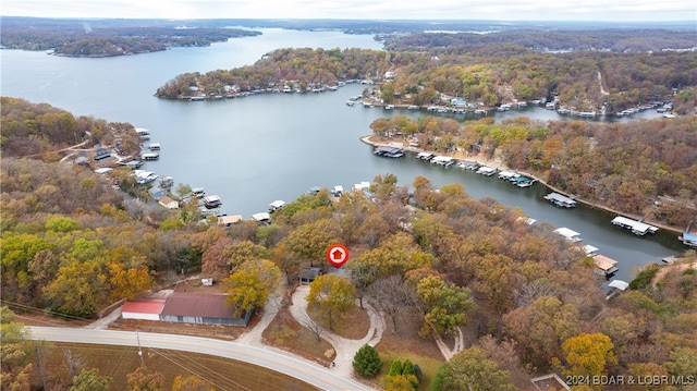 drone / aerial view featuring a water view and a forest view