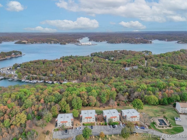 drone / aerial view with a water view