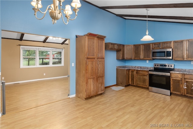 kitchen with beamed ceiling, appliances with stainless steel finishes, decorative light fixtures, a chandelier, and light hardwood / wood-style flooring