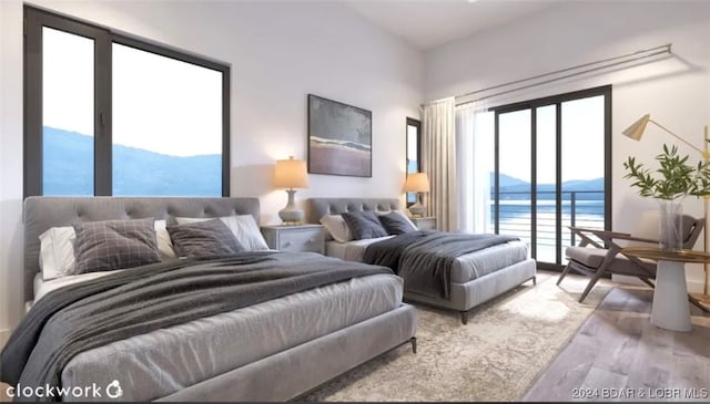 bedroom with access to outside, light hardwood / wood-style floors, multiple windows, and a water and mountain view