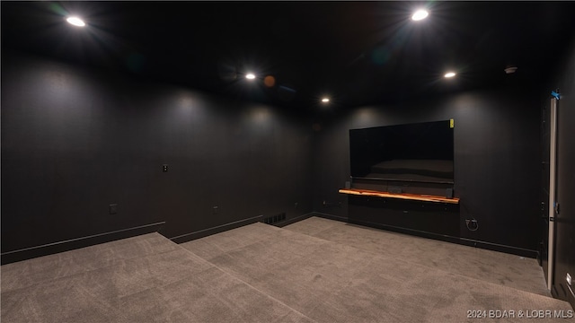 cinema room featuring light colored carpet