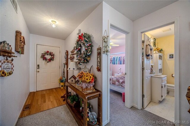 interior space featuring sink and light carpet