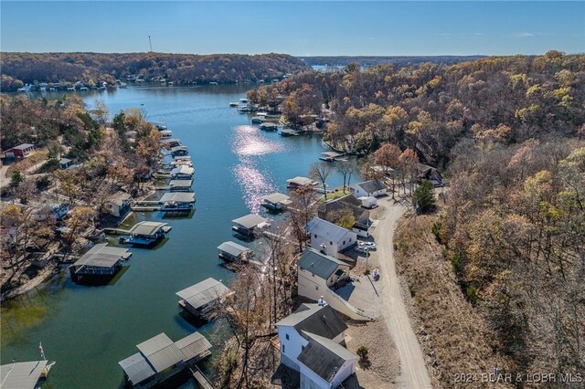 drone / aerial view featuring a water view and a wooded view