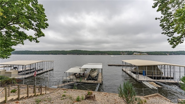 view of dock with a water view