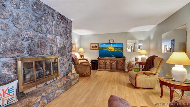 living room featuring a fireplace and light hardwood / wood-style flooring