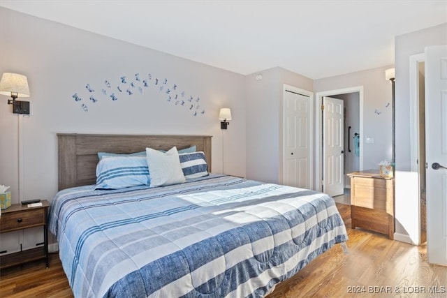 bedroom with a closet and hardwood / wood-style flooring