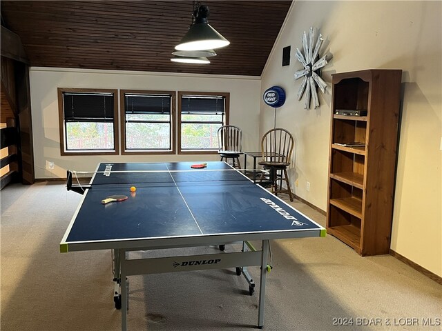 game room featuring vaulted ceiling, wood ceiling, and carpet floors