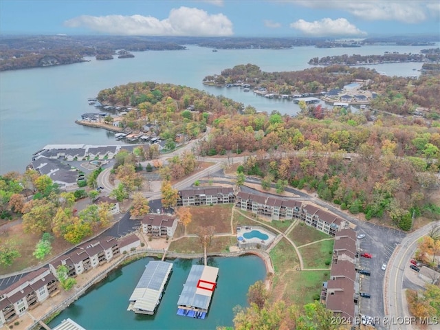 drone / aerial view featuring a water view