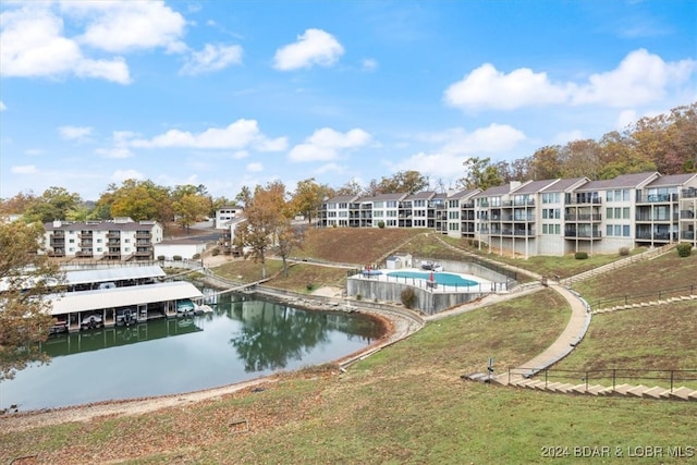 exterior space with a water view