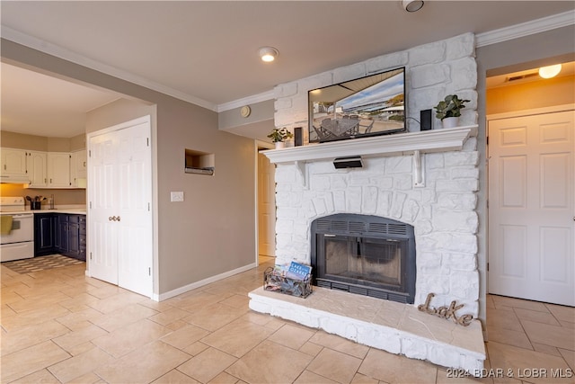 interior details with white electric range, a stone fireplace, and ornamental molding