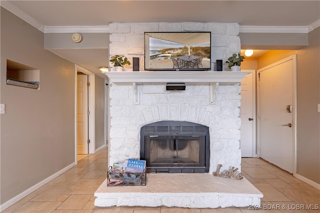 interior details with a fireplace and crown molding