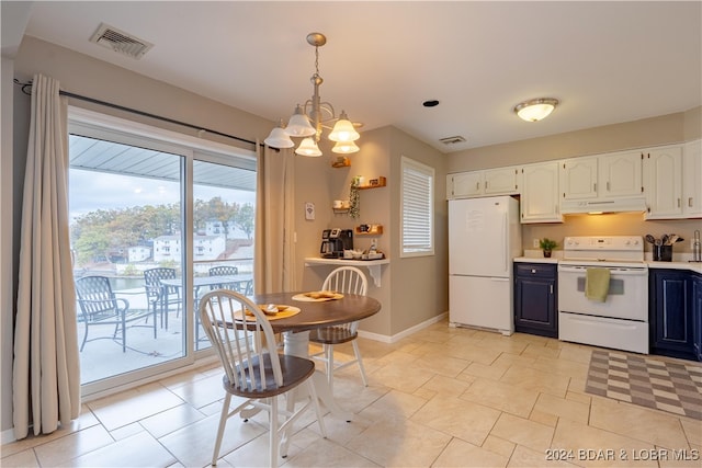 kitchen with blue cabinetry, white cabinetry, a notable chandelier, pendant lighting, and white appliances